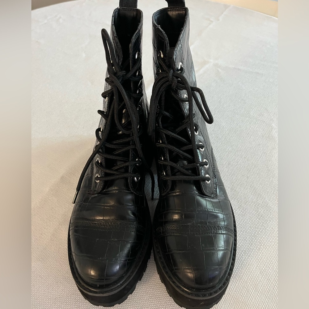 Faryl by Farylrobin Black Croco Embossed Classic Combat Boots